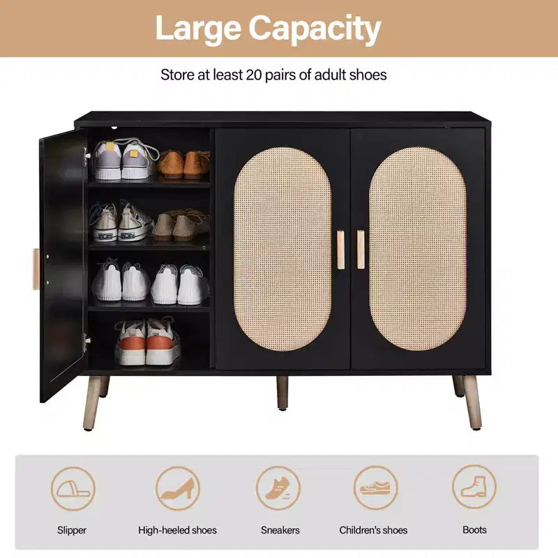 Scarpiera moderna in rattan per 24 paia | 4 ripiani | Gambe in legno massello | Stile bohémien