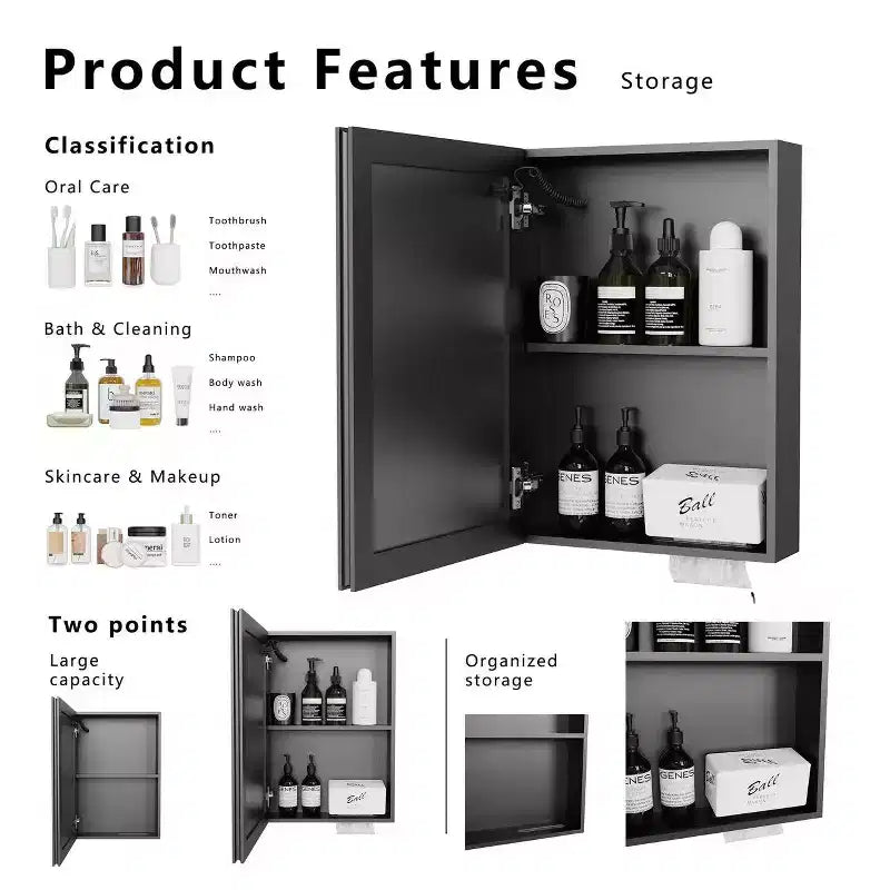 Mobiletto a specchio da bagno da parete 16x22 | Anti-appannamento | Luce LED | 2 Ripiani
