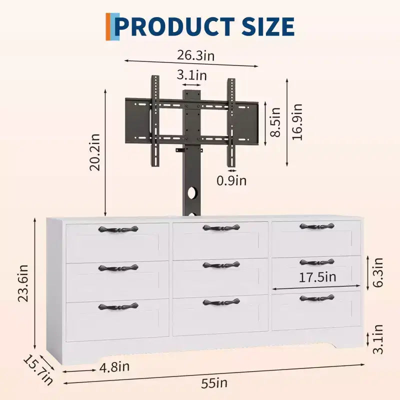 Mobile TV con supporto per TV da 32-85 pollici | Cassettiera a 9 cassetti | Legno ingegnerizzato | Capacità 75 kg