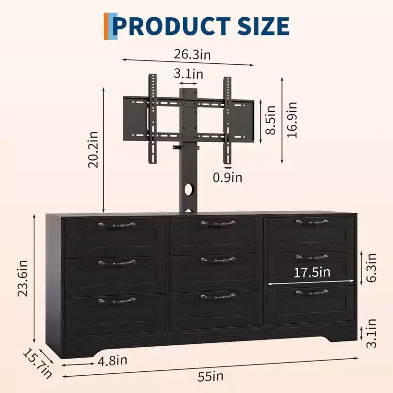 Mobile TV con supporto per TV da 32-85 pollici | Cassettiera a 9 cassetti | Legno ingegnerizzato | Capacità 75 kg