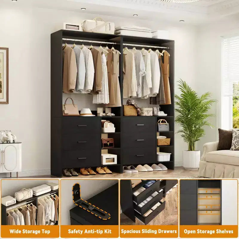 Set di 4 organizer per armadi | Cassetti in legno | Aste appendiabiti | Capacità di 270 kg | Sistema modulare