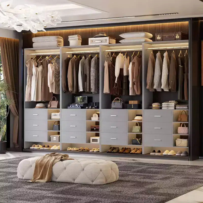 Set di 4 organizer per armadi | Cassetti in legno | Aste appendiabiti | Capacità di 270 kg | Sistema modulare