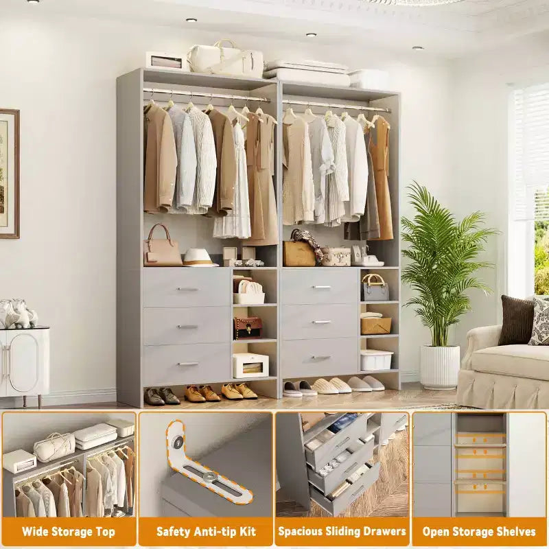 Set di 4 organizer per armadi | Cassetti in legno | Aste appendiabiti | Capacità di 270 kg | Sistema modulare
