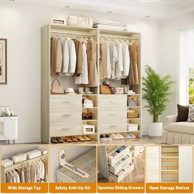 Set di 4 organizer per armadi | Cassetti in legno | Aste appendiabiti | Capacità di 270 kg | Sistema modulare