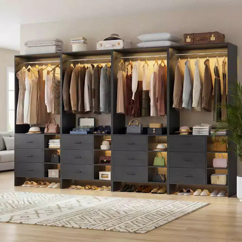 Set di 4 organizer per armadi | Cassetti in legno | Aste appendiabiti | Capacità di 270 kg | Sistema modulare