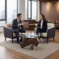 JVNOXK 33.4 Round Glass Coffee Table, Modern Tempered Glass Table with Walnut MDF Legs for Living & Dining Room
