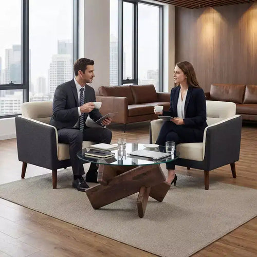 JVNOXK 33.4 Round Glass Coffee Table, Modern Tempered Glass Table with Walnut MDF Legs for Living & Dining Room