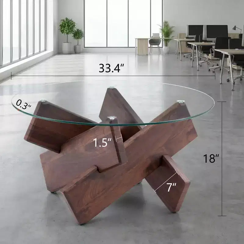 Tavolino da caffè rotondo in vetro temperato da 85 cm | Gambe in MDF color noce | Capacità 45 kg | Moderno