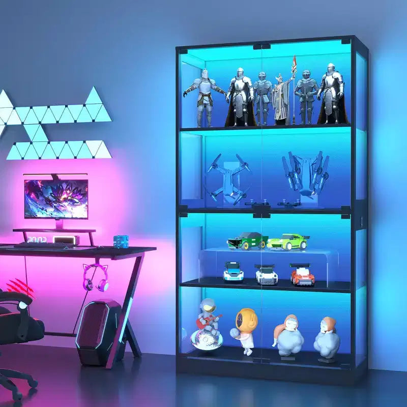 Vetrina in vetro a 4 ripiani | LED a 3 colori | Sensore di movimento | Porte di ricarica | Altezza 165 cm