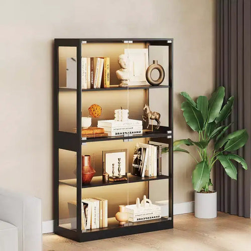 Glass Display Cabinet with Doors, 4-Tier Curio Cabinet with 3-Color LED Lights, Charging Ports and Motion Sensor