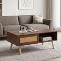Fun little toys brand PE Rattan Coffee table, Sliding Door for Storage, Solid Wood Legs, Modern Table for Living Room , Walnut Color