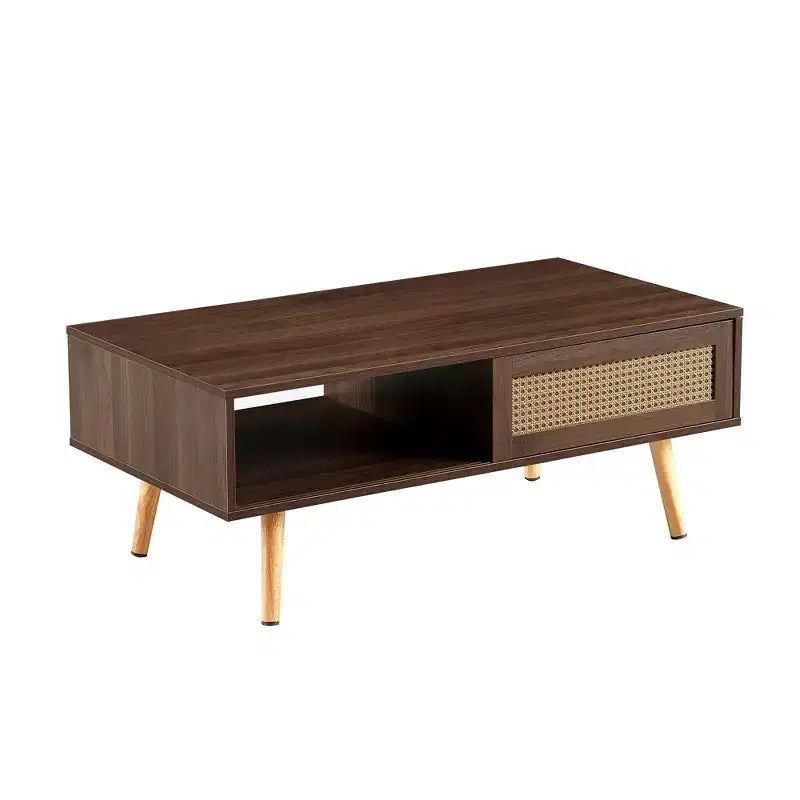 Tavolino da caffè in PE rattan | Porta scorrevole | Gambe in legno massello | Noce | 105 cm