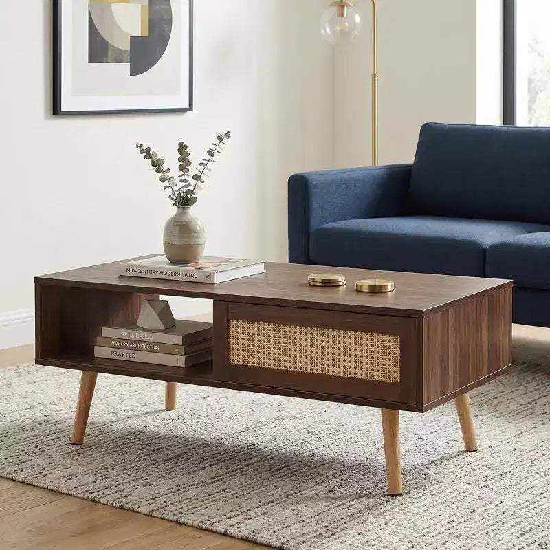 Tavolino da caffè in PE rattan | Porta scorrevole | Gambe in legno massello | Noce | 105 cm