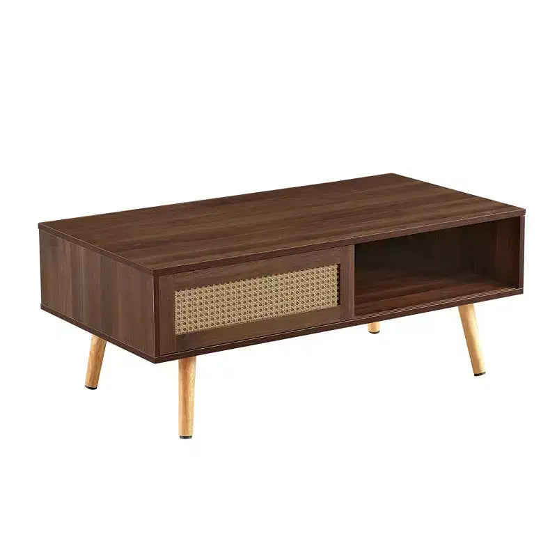 Tavolino da caffè in PE rattan | Porta scorrevole | Gambe in legno massello | Noce | 105 cm