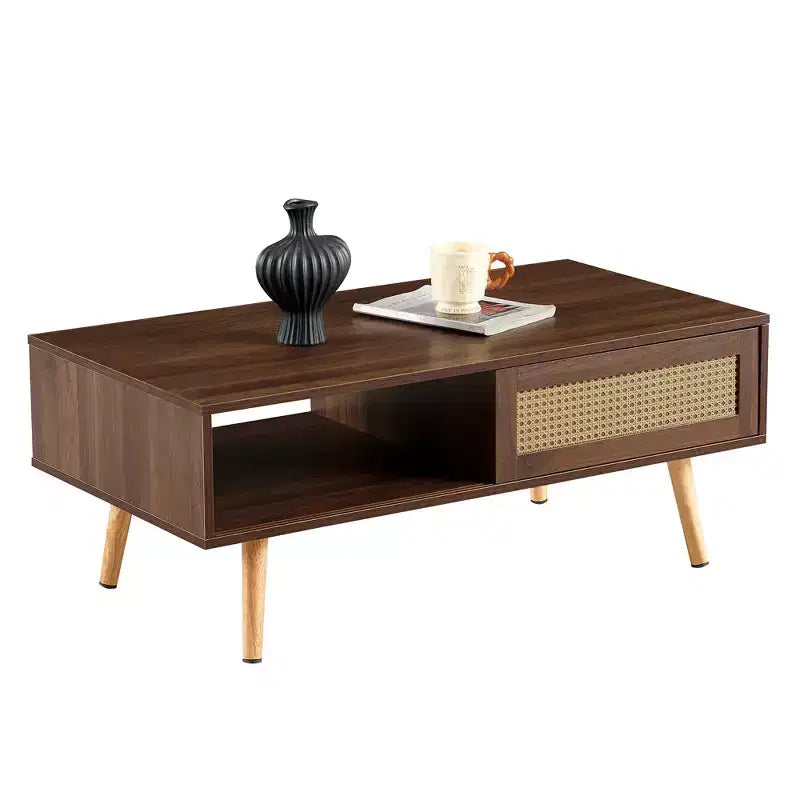 Tavolino da caffè in PE rattan | Porta scorrevole | Gambe in legno massello | Noce | 105 cm