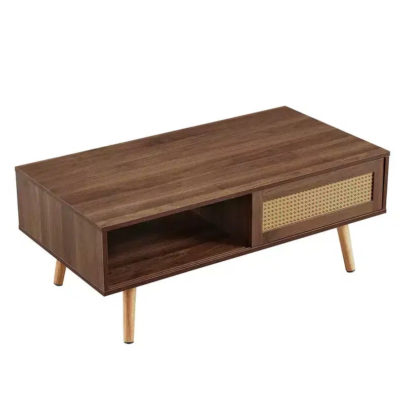 Tavolino da caffè in PE rattan | Porta scorrevole | Gambe in legno massello | Noce | 105 cm