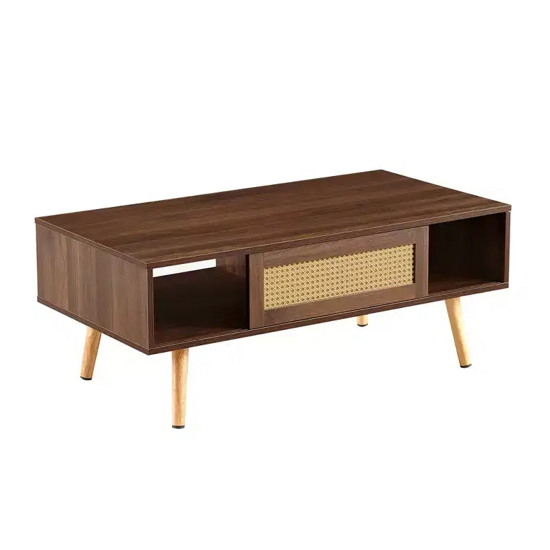 Tavolino da caffè in PE rattan | Porta scorrevole | Gambe in legno massello | Noce | 105 cm