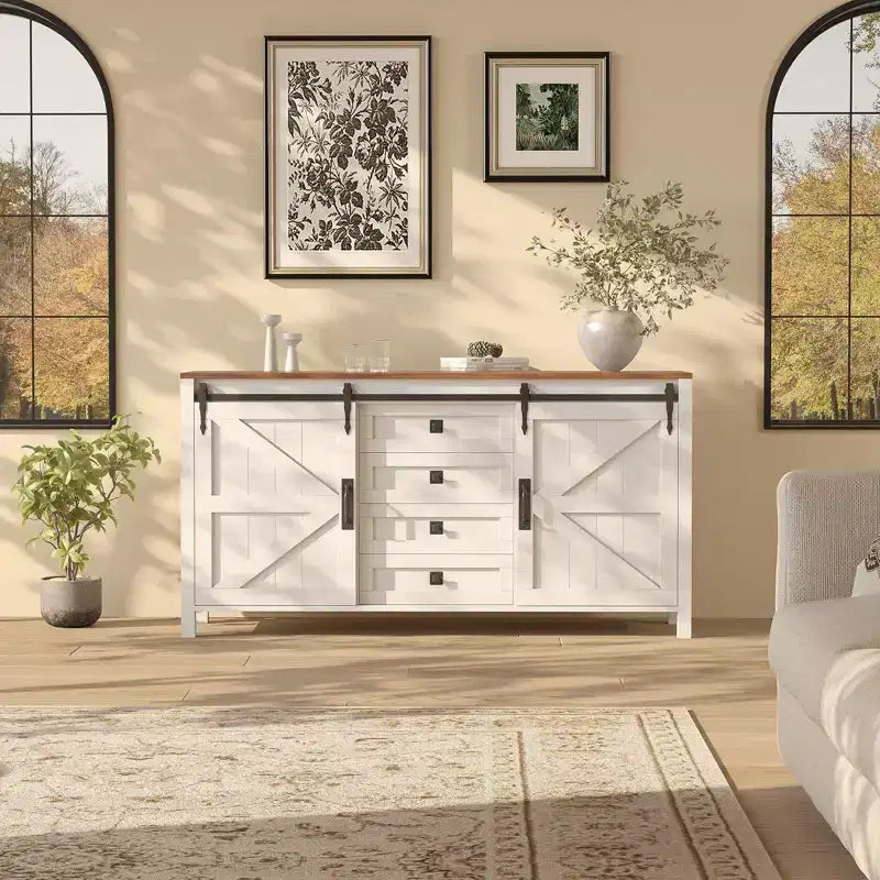 Credenza a buffet stile country da 60 pollici | Ante scorrevoli a fienile | 4 cassetti | Ripiani regolabili