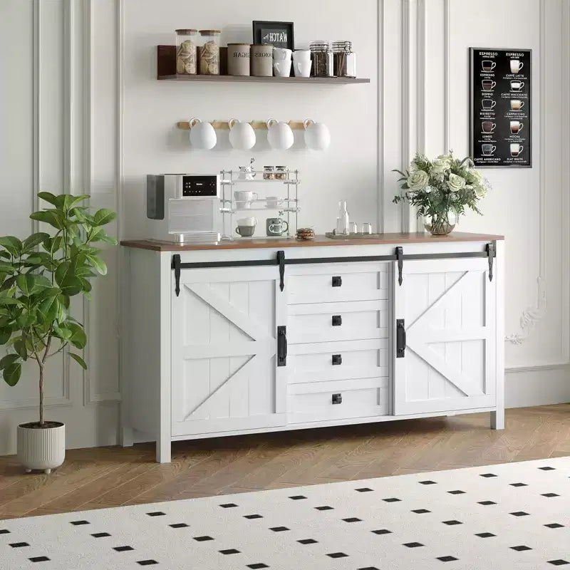 Credenza a buffet stile country da 60 pollici | Ante scorrevoli a fienile | 4 cassetti | Ripiani regolabili