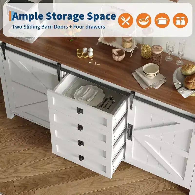 Credenza a buffet stile country da 60 pollici | Ante scorrevoli a fienile | 4 cassetti | Ripiani regolabili