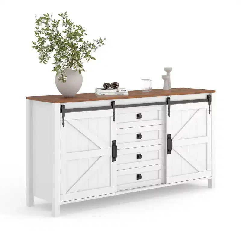 Credenza a buffet stile country da 60 pollici | Ante scorrevoli a fienile | 4 cassetti | Ripiani regolabili