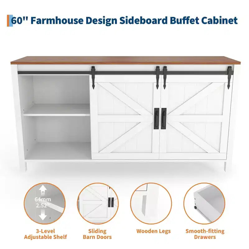 Credenza a buffet stile country da 60 pollici | Ante scorrevoli a fienile | 4 cassetti | Ripiani regolabili