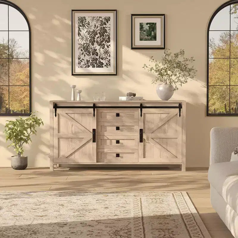Credenza a buffet stile country da 60 pollici | Ante scorrevoli a fienile | 4 cassetti | Ripiani regolabili