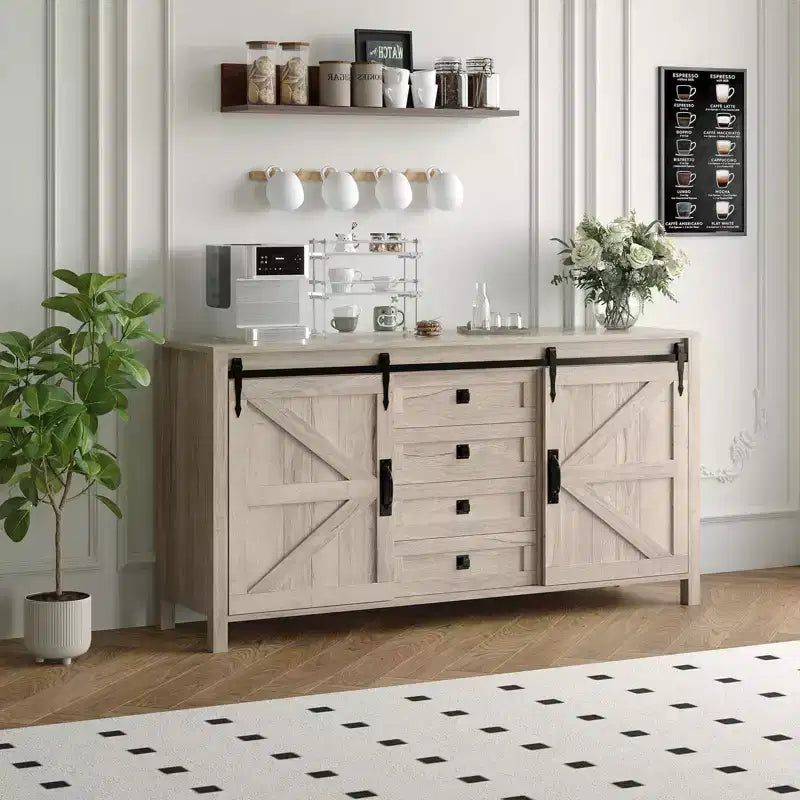 Credenza a buffet stile country da 60 pollici | Ante scorrevoli a fienile | 4 cassetti | Ripiani regolabili