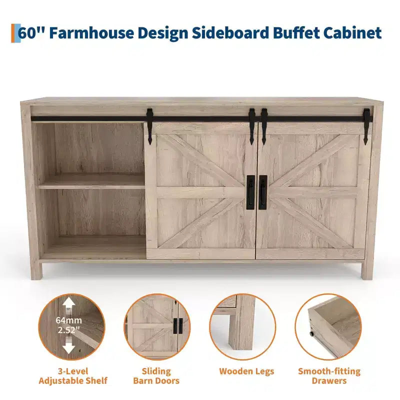 Credenza a buffet stile country da 60 pollici | Ante scorrevoli a fienile | 4 cassetti | Ripiani regolabili