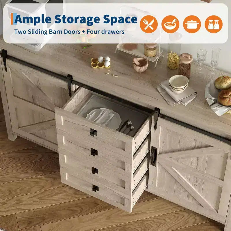 Credenza a buffet stile country da 60 pollici | Ante scorrevoli a fienile | 4 cassetti | Ripiani regolabili