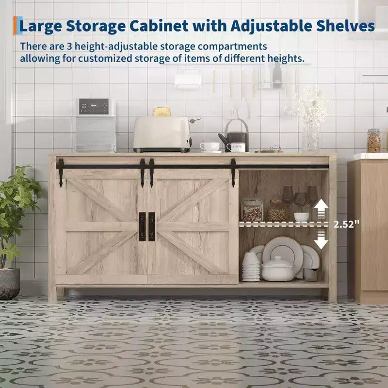 Credenza a buffet stile country da 60 pollici | Ante scorrevoli a fienile | 4 cassetti | Ripiani regolabili