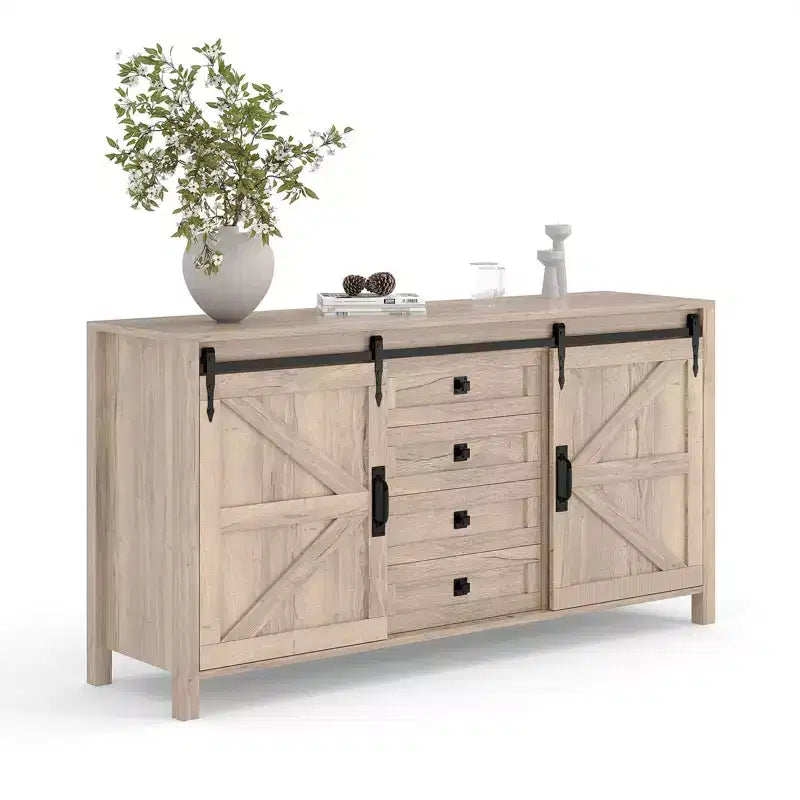 Credenza a buffet stile country da 60 pollici | Ante scorrevoli a fienile | 4 cassetti | Ripiani regolabili