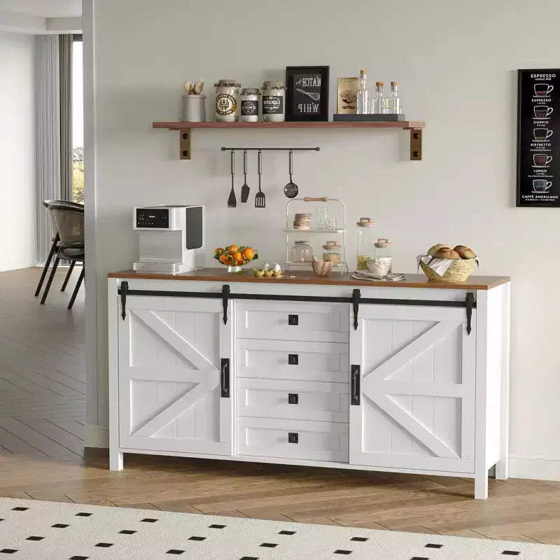 Credenza a buffet stile country da 60 pollici | Ante scorrevoli a fienile | 4 cassetti | Ripiani regolabili