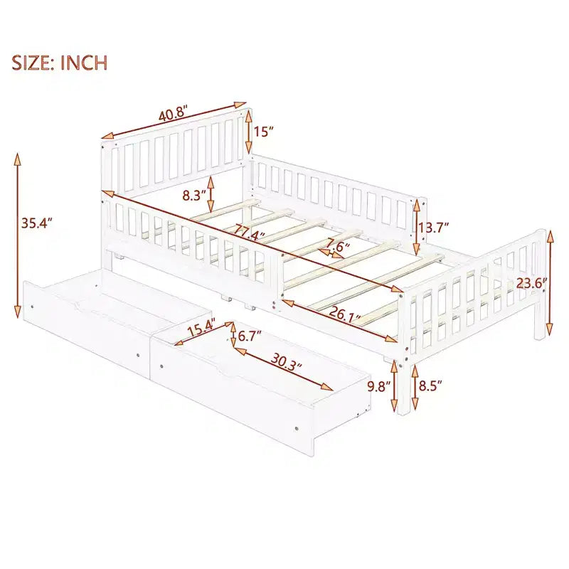 Piattaforma Letto Singolo in Legno con Sponde e 2 Cassetti Contenitori | Grigio | Non Serve Rete a Doghe