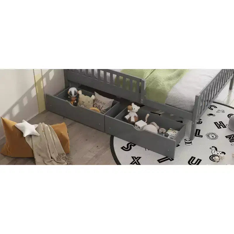 Piattaforma Letto Singolo in Legno con Sponde e 2 Cassetti Contenitori | Grigio | Non Serve Rete a Doghe