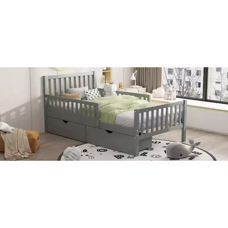 Piattaforma Letto Singolo in Legno con Sponde e 2 Cassetti Contenitori | Grigio | Non Serve Rete a Doghe