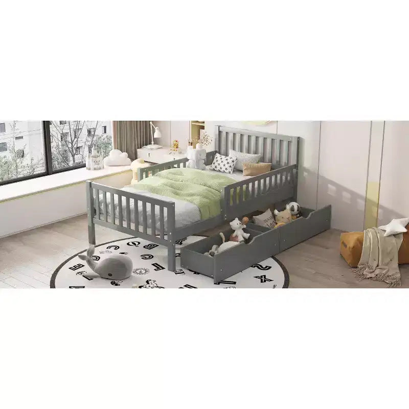 Piattaforma Letto Singolo in Legno con Sponde e 2 Cassetti Contenitori | Grigio | Non Serve Rete a Doghe