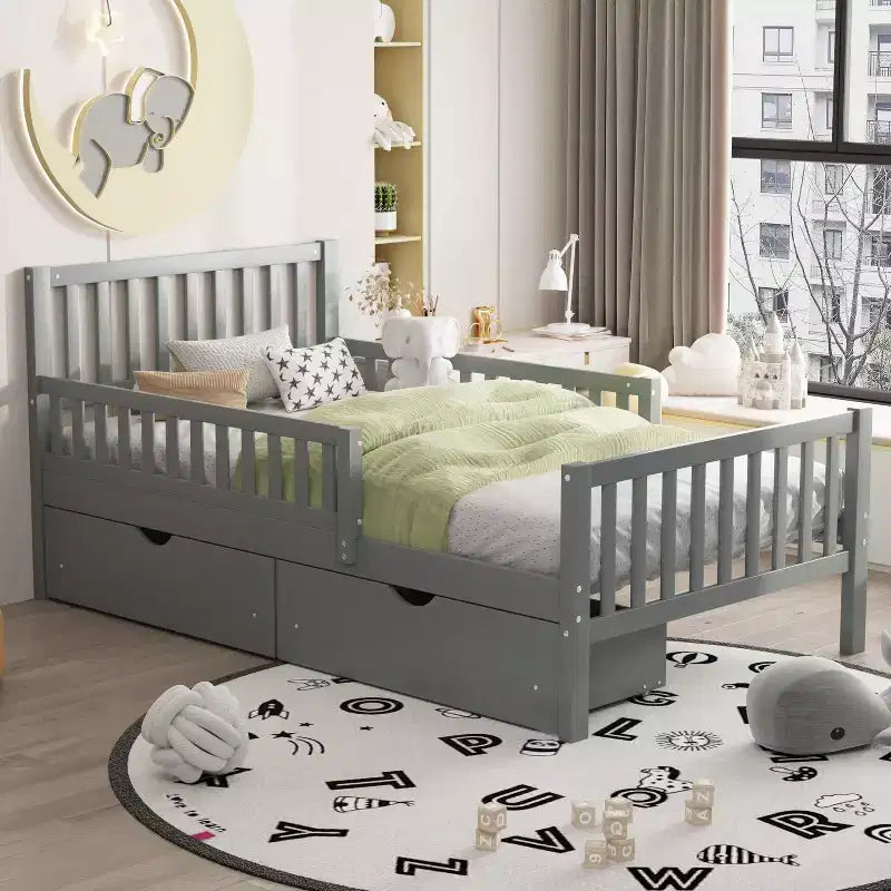 Piattaforma Letto Singolo in Legno con Sponde e 2 Cassetti Contenitori | Grigio | Non Serve Rete a Doghe