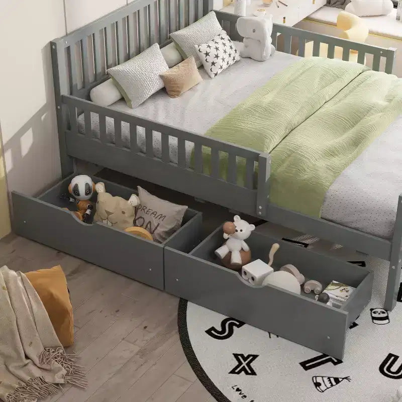 Piattaforma Letto Singolo in Legno con Sponde e 2 Cassetti Contenitori | Grigio | Non Serve Rete a Doghe