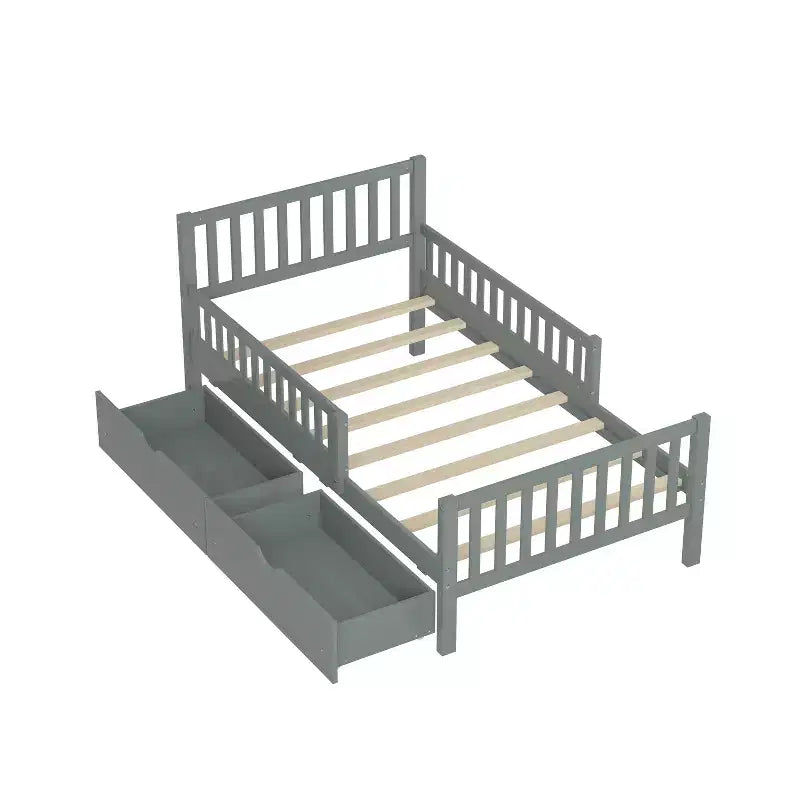 Piattaforma Letto Singolo in Legno con Sponde e 2 Cassetti Contenitori | Grigio | Non Serve Rete a Doghe