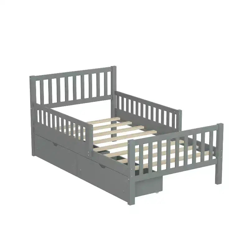 Piattaforma Letto Singolo in Legno con Sponde e 2 Cassetti Contenitori | Grigio | Non Serve Rete a Doghe