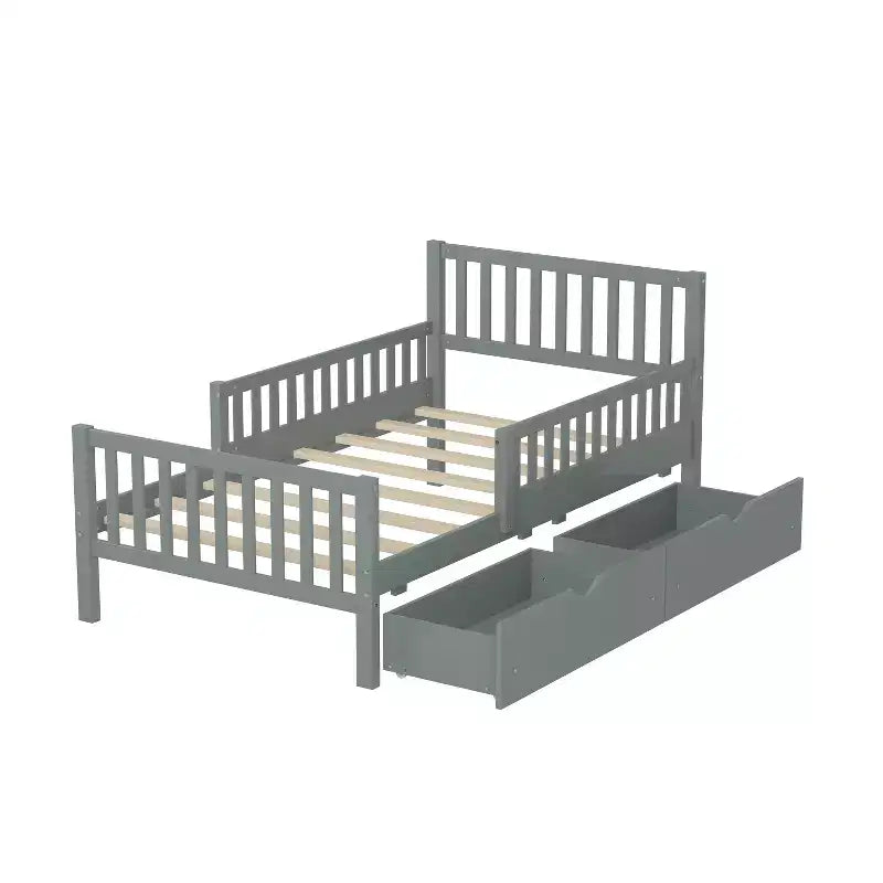 Piattaforma Letto Singolo in Legno con Sponde e 2 Cassetti Contenitori | Grigio | Non Serve Rete a Doghe