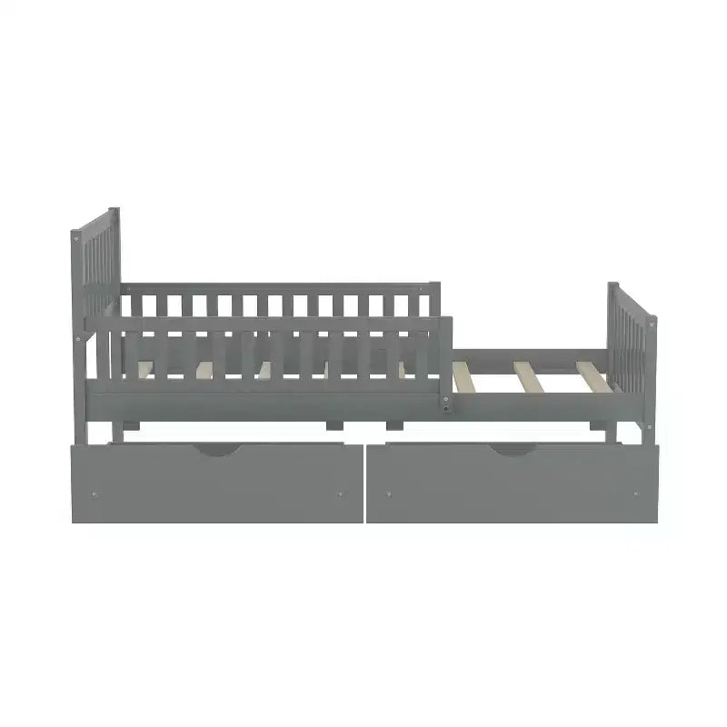 Piattaforma Letto Singolo in Legno con Sponde e 2 Cassetti Contenitori | Grigio | Non Serve Rete a Doghe