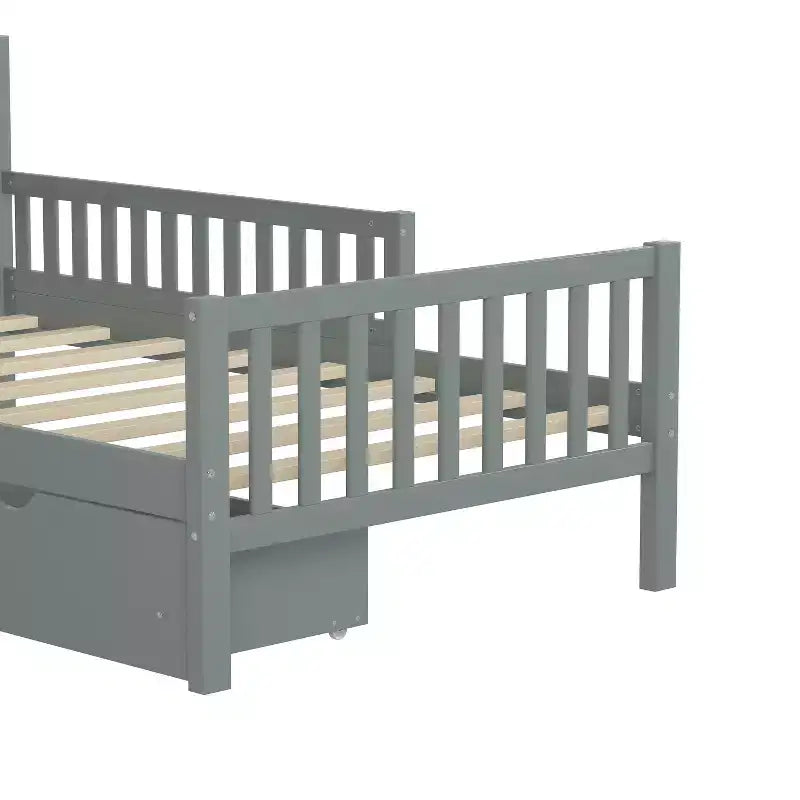 Piattaforma Letto Singolo in Legno con Sponde e 2 Cassetti Contenitori | Grigio | Non Serve Rete a Doghe