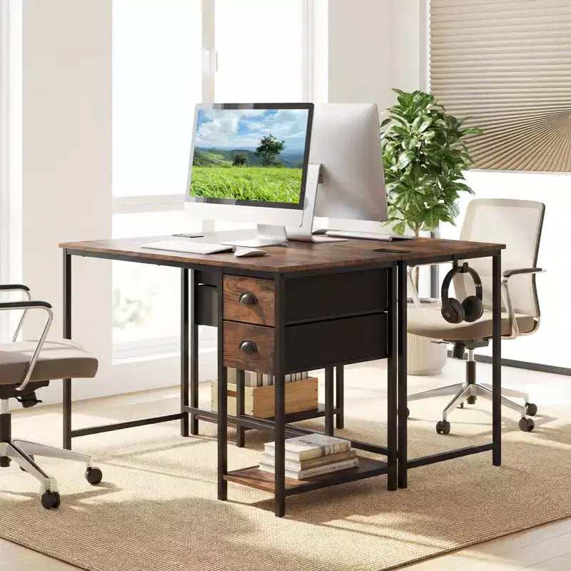 Scrivania per computer con stazione di ricarica | 2 cassetti in tessuto | Gancio per cuffie | Capacità 50 kg