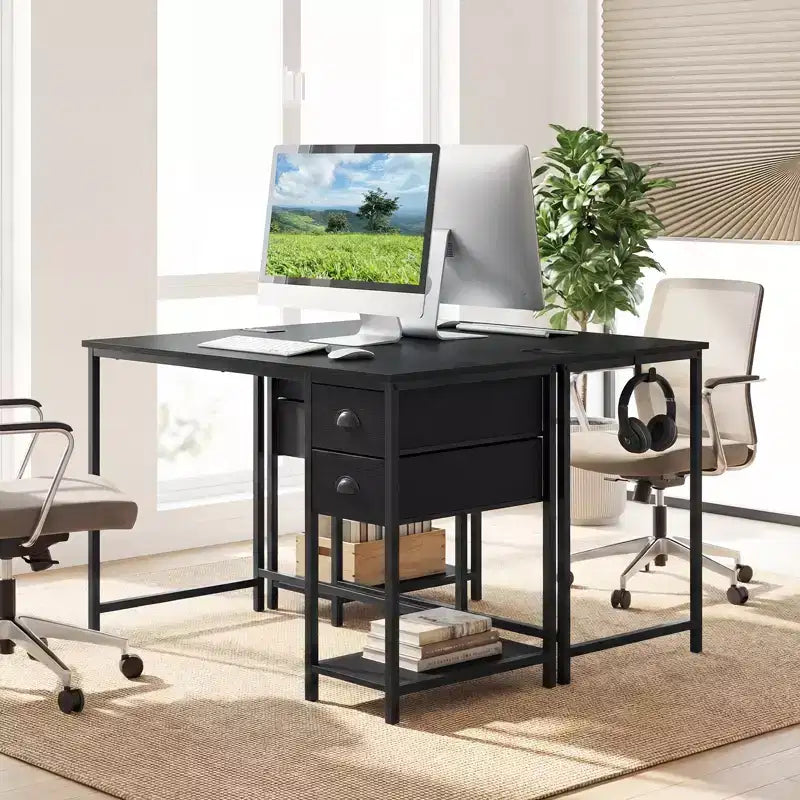 Scrivania per computer con stazione di ricarica | 2 cassetti in tessuto | Gancio per cuffie | Capacità 50 kg