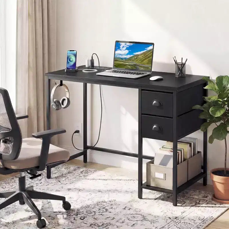 Scrivania per computer con stazione di ricarica | 2 cassetti in tessuto | Gancio per cuffie | Capacità 50 kg