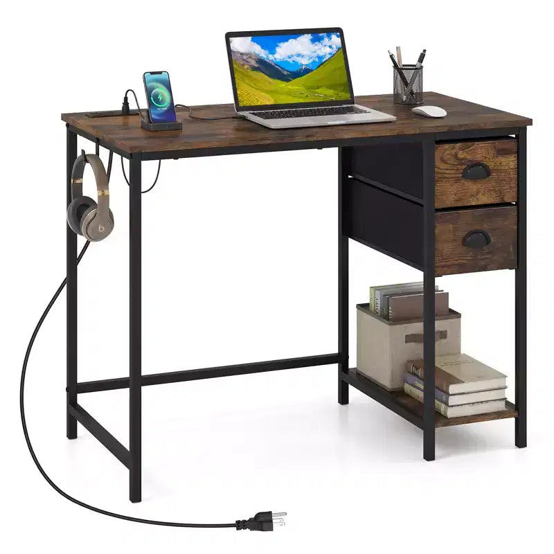 Scrivania per computer con stazione di ricarica | 2 cassetti in tessuto | Gancio per cuffie | Capacità 50 kg