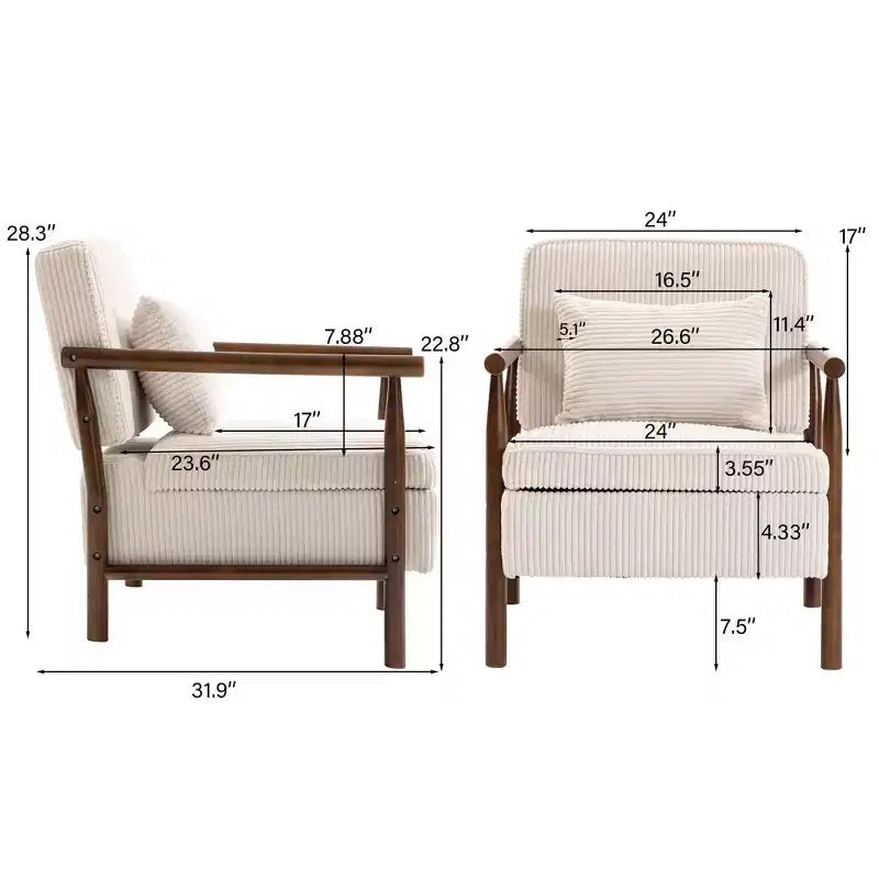 Poltrona Mid-Century Modern | Sedile con Contenitore Nascosto | Cuscino Lombare | Portata 113 kg | Velluto a Coste