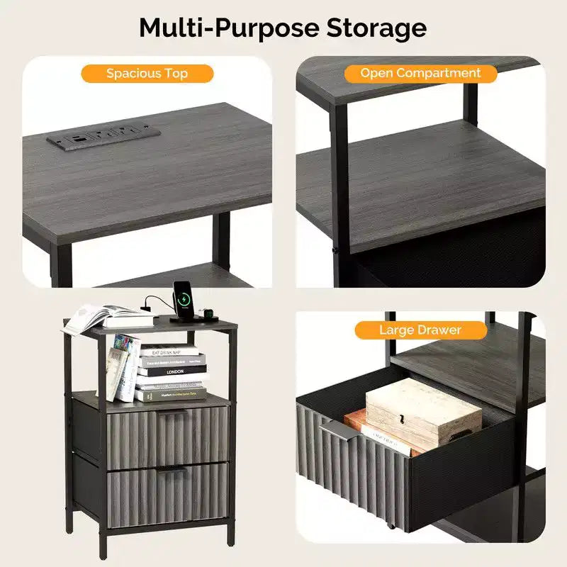Set di 2 comodini | 2 cassetti + 1 ripiano | Presa di corrente US | Larghezza 38 cm | 6 colori
